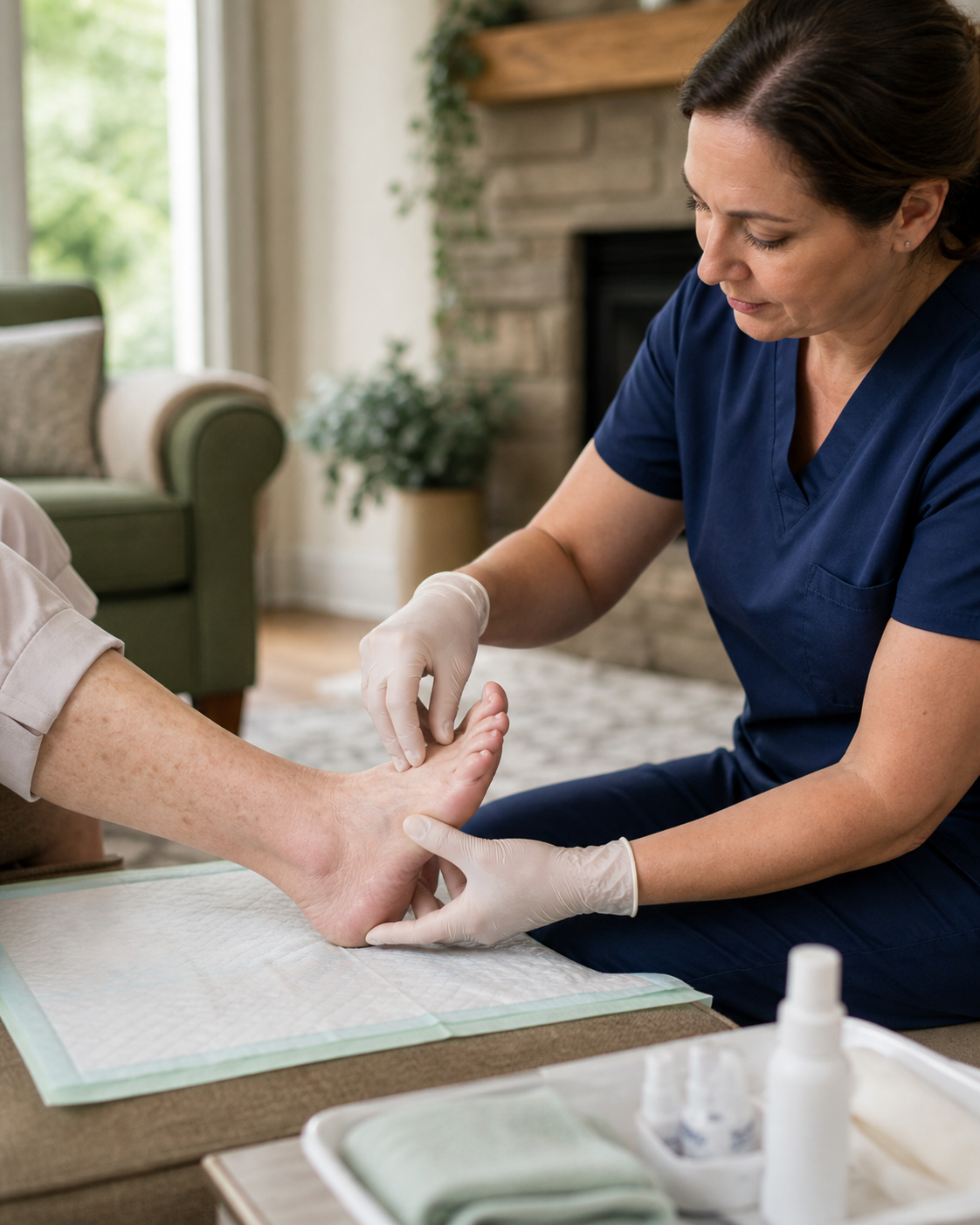 A nurse providing gentle foot care to an older adult at home